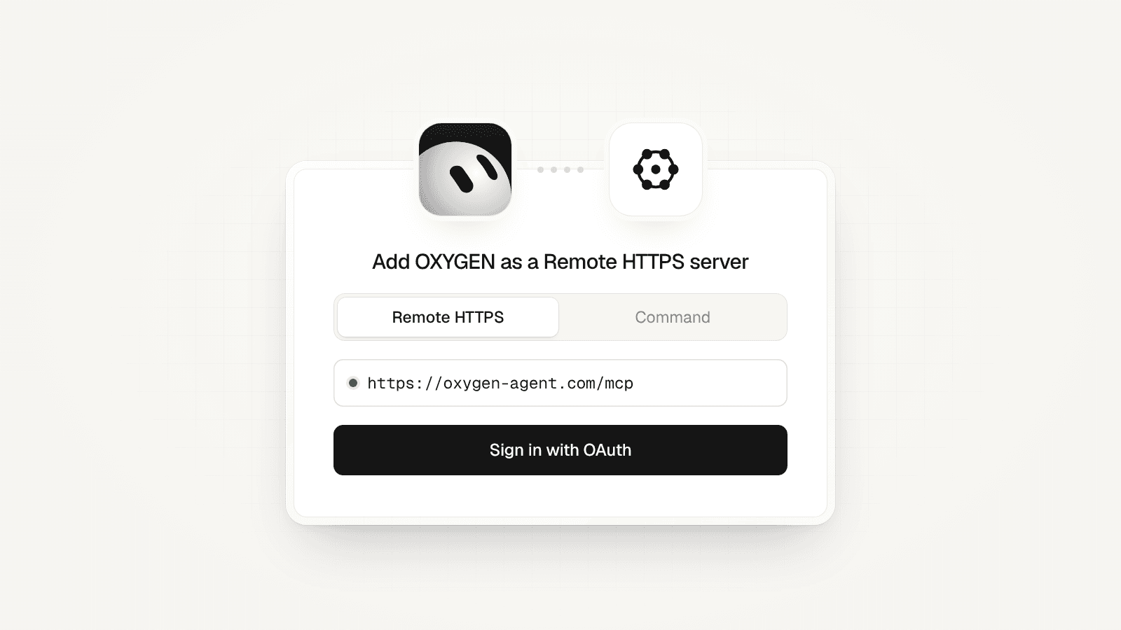 A connect card with the Grok Bot mark linked to the OXYGEN mark: Remote HTTPS, https://tryoxygenagent.com/mcp, and Sign in with OAuth.